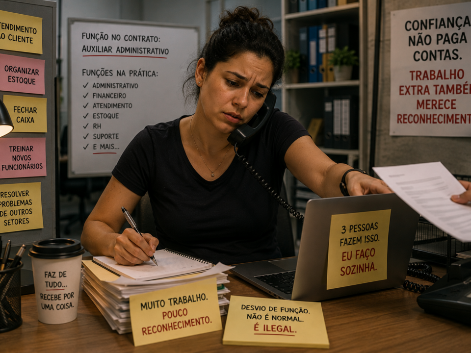 Mulher sobrecarregada trabalhando em escritório, atendendo telefone e executando múltiplas tarefas ao mesmo tempo, cercada por papéis, bilhetes e mensagens que representam acúmulo e desvio de função no ambiente de trabalho.