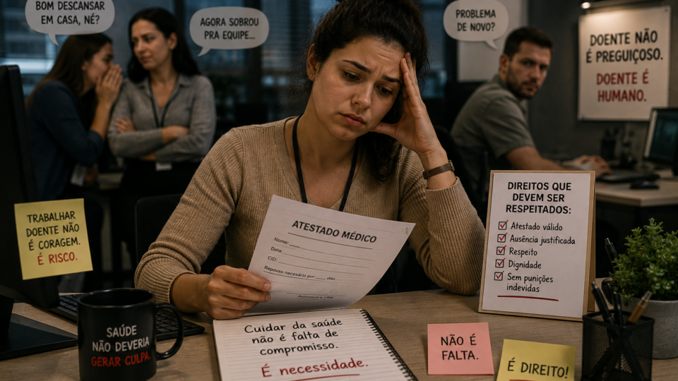 Funcionária sentada em escritório segurando um atestado médico, com expressão abatida e preocupada, enquanto colegas ao fundo fazem comentários e olhares de julgamento após seu afastamento por doença.