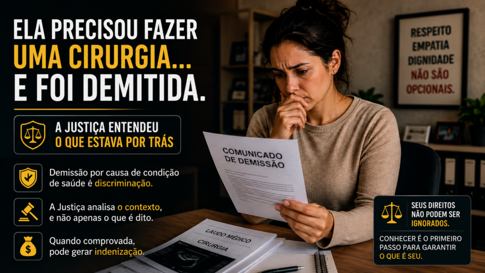 Mulher em ambiente de trabalho segura documentos médicos enquanto observa uma notificação de demissão no celular, com expressão de preocupação e tensão emocional.