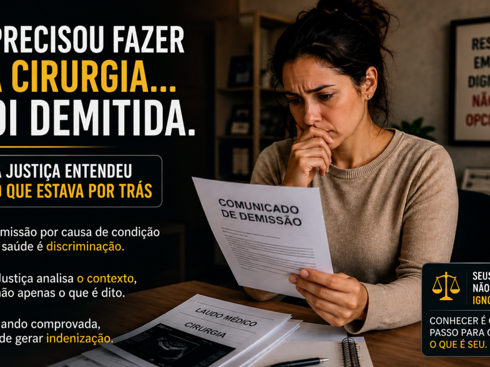 Mulher em ambiente de trabalho segura documentos médicos enquanto observa uma notificação de demissão no celular, com expressão de preocupação e tensão emocional.