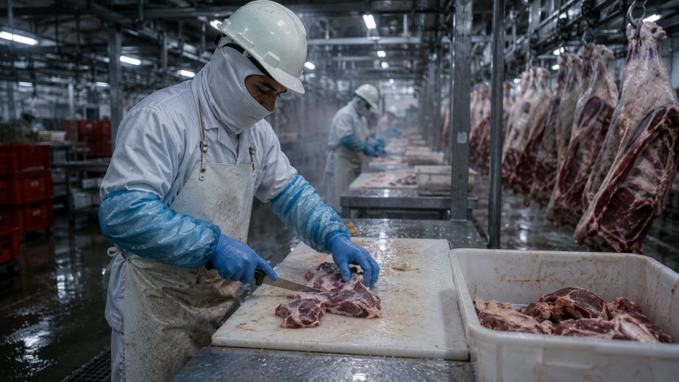 Trabalhador de frigorífico usa equipamentos de proteção enquanto corta carne em ambiente frio e úmido, cercado por estruturas metálicas e resíduos industriais.