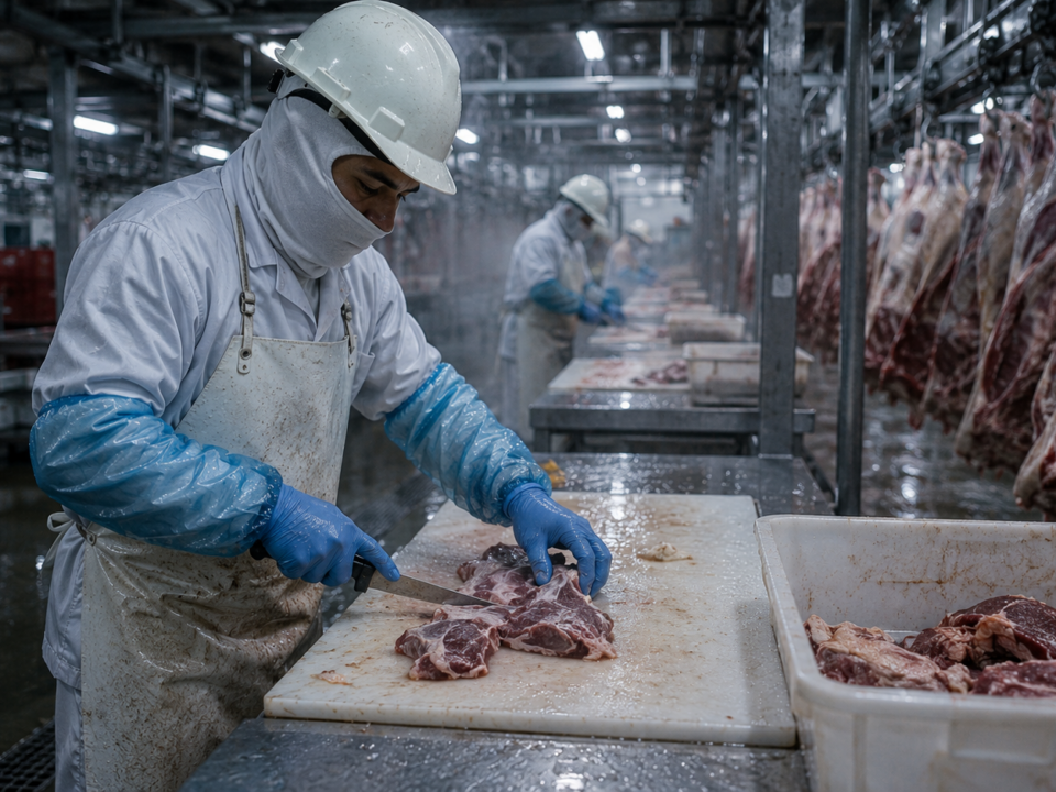 Trabalhador de frigorífico usa equipamentos de proteção enquanto corta carne em ambiente frio e úmido, cercado por estruturas metálicas e resíduos industriais.