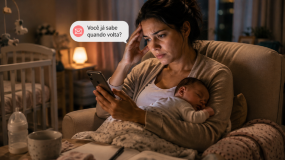 Mãe segura o bebê adormecido no colo enquanto olha preocupada para o celular em um quarto iluminado suavemente durante a noite.