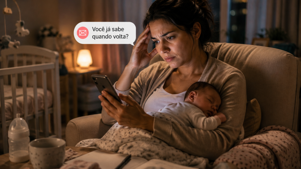 Mãe segura o bebê adormecido no colo enquanto olha preocupada para o celular em um quarto iluminado suavemente durante a noite.