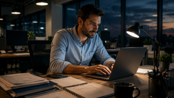 Homem trabalha sozinho em um escritório após o horário comercial, concentrado diante de um notebook, com documentos espalhados sobre a mesa e o ambiente já escuro do lado de fora das janelas.