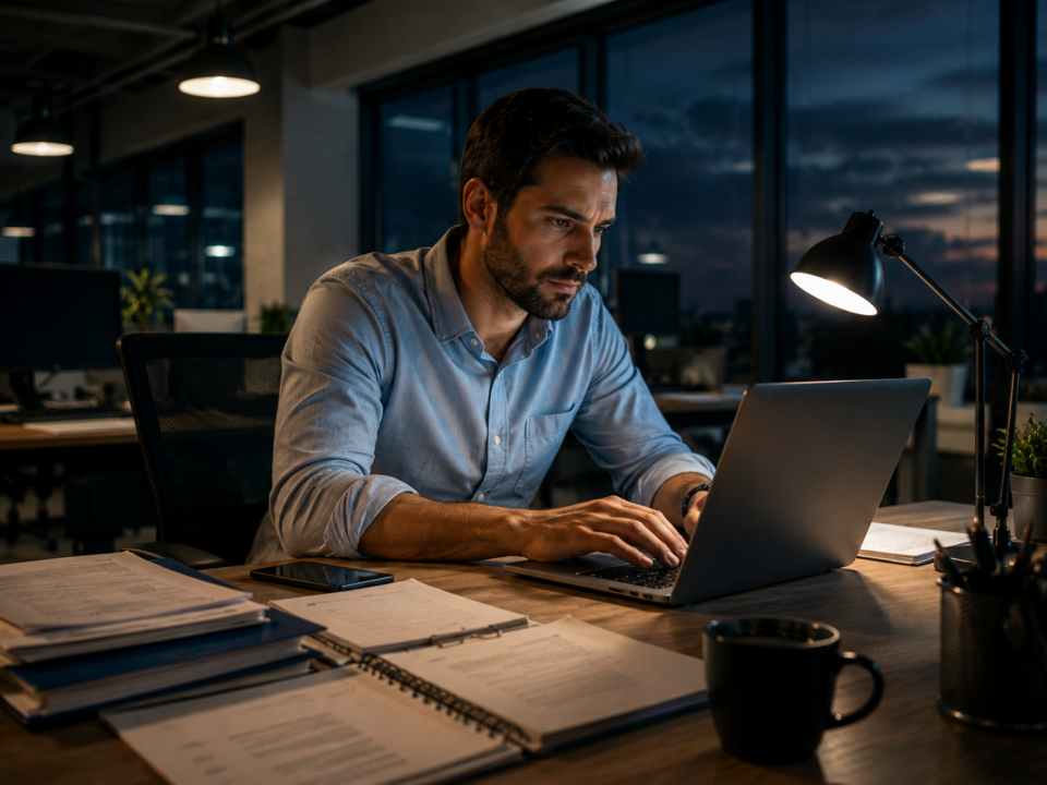 Homem trabalha sozinho em um escritório após o horário comercial, concentrado diante de um notebook, com documentos espalhados sobre a mesa e o ambiente já escuro do lado de fora das janelas.