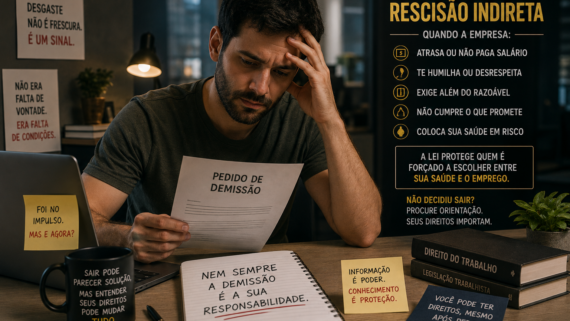 Homem sentado sozinho em um ambiente doméstico à noite, com expressão de preocupação e esgotamento emocional, olhando para uma carta de pedido de demissão sobre a mesa. O cenário transmite arrependimento, desgaste profissional e reflexão sobre decisões tomadas sob pressão no ambiente de trabalho.