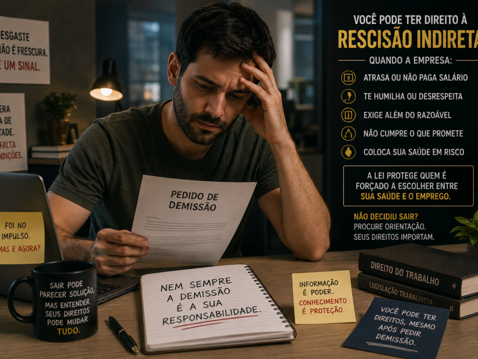 Homem sentado sozinho em um ambiente doméstico à noite, com expressão de preocupação e esgotamento emocional, olhando para uma carta de pedido de demissão sobre a mesa. O cenário transmite arrependimento, desgaste profissional e reflexão sobre decisões tomadas sob pressão no ambiente de trabalho.