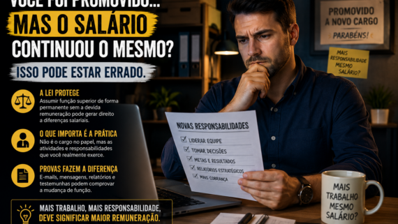 Trabalhador sentado em um escritório observa um documento com novas responsabilidades após uma promoção, enquanto demonstra preocupação ao perceber que o aumento de funções não foi acompanhado por aumento salarial.