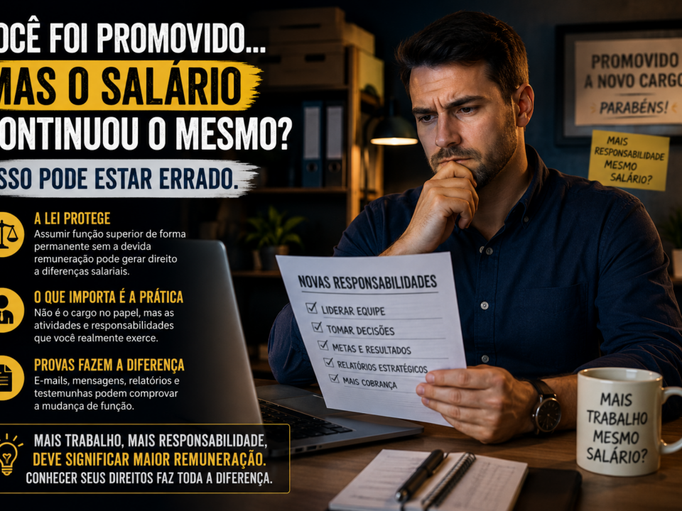 Trabalhador sentado em um escritório observa um documento com novas responsabilidades após uma promoção, enquanto demonstra preocupação ao perceber que o aumento de funções não foi acompanhado por aumento salarial.