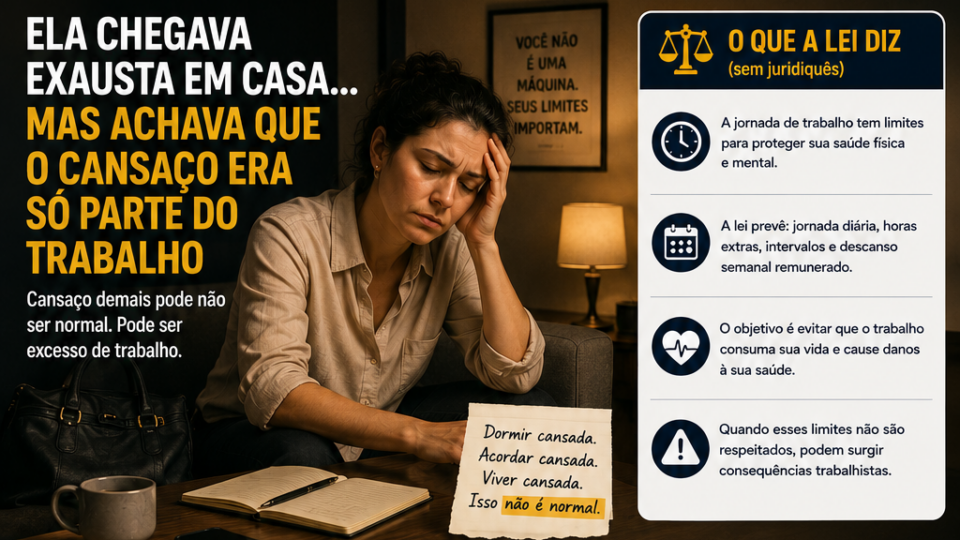Mulher sentada em casa após o expediente, demonstrando sinais de exaustão física e mental. Ela apoia a cabeça na mão enquanto observa uma mesa com caderno, celular e xícara de café. Ao lado, painéis informativos explicam os limites da jornada de trabalho, sinais de excesso de trabalho e a importância do descanso para a saúde do trabalhador.