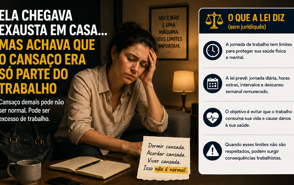 Mulher sentada em casa após o expediente, demonstrando sinais de exaustão física e mental. Ela apoia a cabeça na mão enquanto observa uma mesa com caderno, celular e xícara de café. Ao lado, painéis informativos explicam os limites da jornada de trabalho, sinais de excesso de trabalho e a importância do descanso para a saúde do trabalhador.
