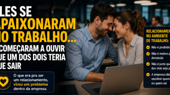 Casal de colegas de trabalho sentado em um escritório corporativo, demonstrando carinho e cumplicidade, enquanto ao fundo outros funcionários observam a situação. Ao redor da cena principal, painéis informativos explicam direitos relacionados a relacionamentos no ambiente de trabalho, discriminação, assédio, respeito à vida privada e possíveis consequências de condutas abusivas por parte da empresa.