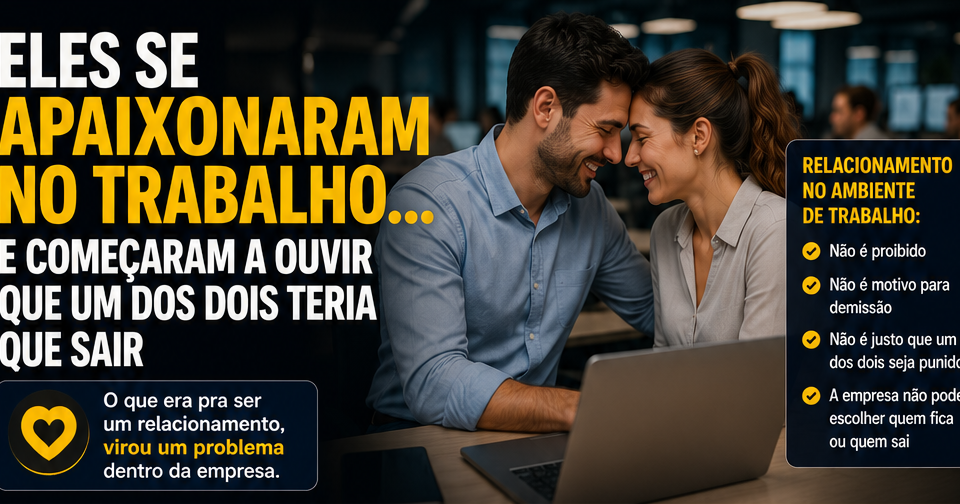 Casal de colegas de trabalho sentado em um escritório corporativo, demonstrando carinho e cumplicidade, enquanto ao fundo outros funcionários observam a situação. Ao redor da cena principal, painéis informativos explicam direitos relacionados a relacionamentos no ambiente de trabalho, discriminação, assédio, respeito à vida privada e possíveis consequências de condutas abusivas por parte da empresa.