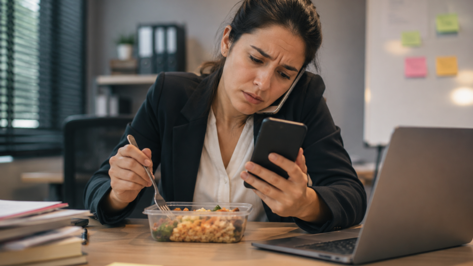 Mulher sentada à mesa durante o horário de almoço segura um celular enquanto olha mensagens de trabalho. À sua frente há uma marmita aberta e um notebook ligado, transmitindo a sensação de que o descanso foi interrompido por demandas profissionais.