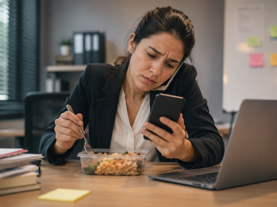 Mulher sentada à mesa durante o horário de almoço segura um celular enquanto olha mensagens de trabalho. À sua frente há uma marmita aberta e um notebook ligado, transmitindo a sensação de que o descanso foi interrompido por demandas profissionais.