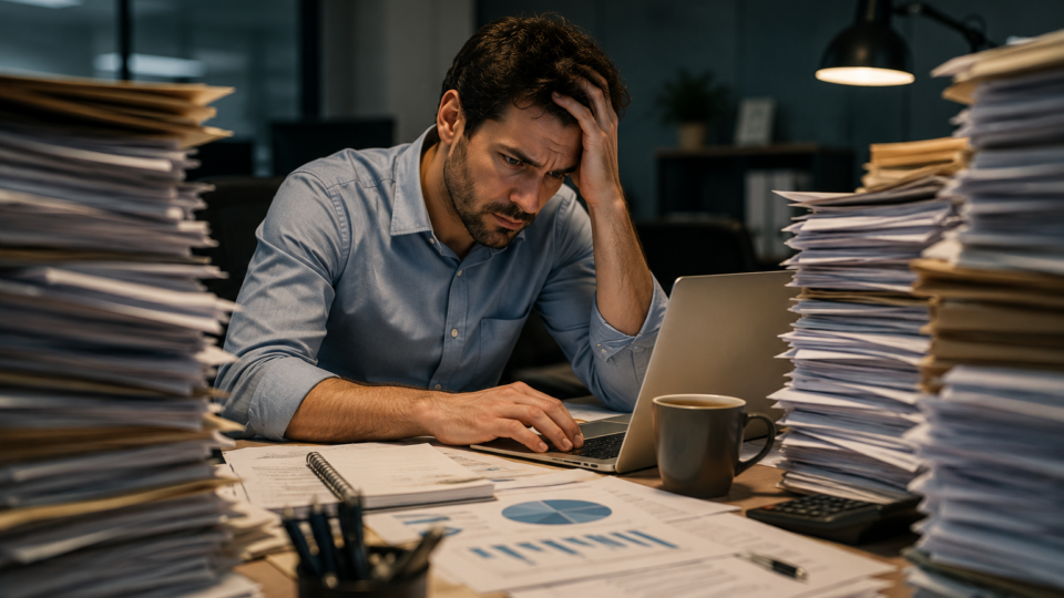 Homem sentado em uma mesa de escritório cercado por pilhas de documentos, relatórios e tarefas acumuladas. Com expressão de cansaço e preocupação, ele trabalha diante do computador enquanto a grande quantidade de demandas transmite a sensação de estar assumindo responsabilidades além de sua função original.
