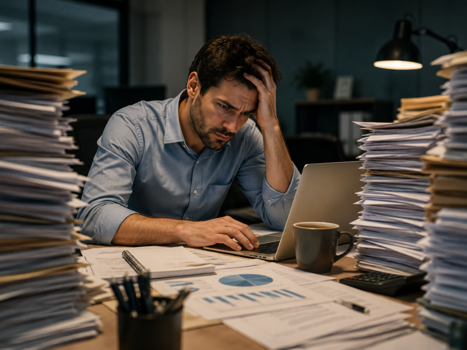 Homem sentado em uma mesa de escritório cercado por pilhas de documentos, relatórios e tarefas acumuladas. Com expressão de cansaço e preocupação, ele trabalha diante do computador enquanto a grande quantidade de demandas transmite a sensação de estar assumindo responsabilidades além de sua função original.