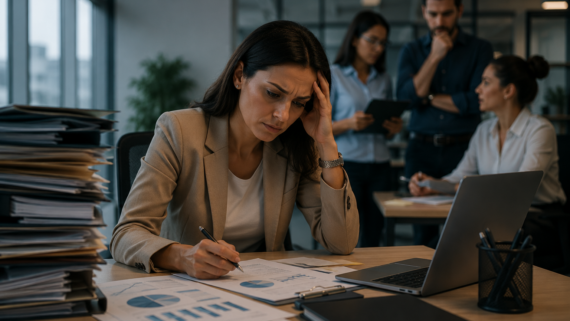 Profissional em ambiente corporativo sentada diante de uma mesa repleta de relatórios, documentos e computador, demonstrando preocupação e cansaço enquanto assume responsabilidades de liderança. Ao fundo, colegas participam de reuniões e discussões estratégicas, reforçando o contexto de uma função mais complexa e exigente.