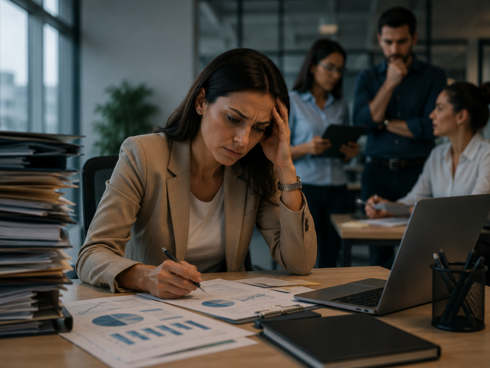 Profissional em ambiente corporativo sentada diante de uma mesa repleta de relatórios, documentos e computador, demonstrando preocupação e cansaço enquanto assume responsabilidades de liderança. Ao fundo, colegas participam de reuniões e discussões estratégicas, reforçando o contexto de uma função mais complexa e exigente.