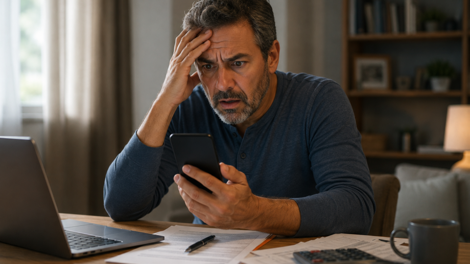Homem em casa consultando o aplicativo do INSS no celular com expressão de preocupação e surpresa. Sobre a mesa há documentos, calculadora e notebook, simbolizando a revisão da vida previdenciária e a descoberta de períodos de trabalho ausentes no cadastro.