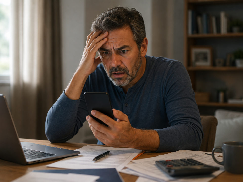 Homem em casa consultando o aplicativo do INSS no celular com expressão de preocupação e surpresa. Sobre a mesa há documentos, calculadora e notebook, simbolizando a revisão da vida previdenciária e a descoberta de períodos de trabalho ausentes no cadastro.