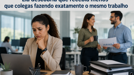 Mulher em ambiente corporativo olhando para o computador com expressão de preocupação após descobrir uma diferença salarial em relação aos colegas. Ao fundo, outros profissionais conversam e analisam documentos, enquanto o título da imagem aborda a questão da equiparação salarial no ambiente de trabalho.