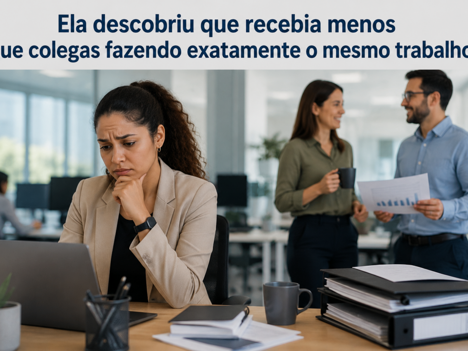 Mulher em ambiente corporativo olhando para o computador com expressão de preocupação após descobrir uma diferença salarial em relação aos colegas. Ao fundo, outros profissionais conversam e analisam documentos, enquanto o título da imagem aborda a questão da equiparação salarial no ambiente de trabalho.