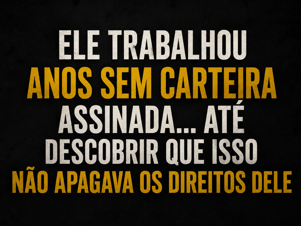 Cartaz digital em formato horizontal com fundo escuro texturizado e tipografia em destaque nas cores branca e dourada. A mensagem principal aborda trabalhadores que passaram anos sem carteira assinada e descobriram que ainda possuem direitos trabalhistas, com visual forte e impactante voltado para conscientização jurídica.