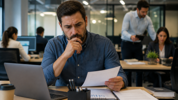 Profissional trabalhando em um escritório corporativo enquanto analisa documentos e observa a rotina da empresa ao seu redor. Sua expressão demonstra dúvida e reflexão sobre sua condição profissional, representando situações em que trabalhadores contratados como pessoa jurídica exercem atividades semelhantes às de empregados formais.