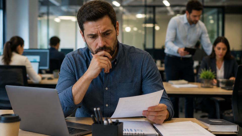 Profissional trabalhando em um escritório corporativo enquanto analisa documentos e observa a rotina da empresa ao seu redor. Sua expressão demonstra dúvida e reflexão sobre sua condição profissional, representando situações em que trabalhadores contratados como pessoa jurídica exercem atividades semelhantes às de empregados formais.