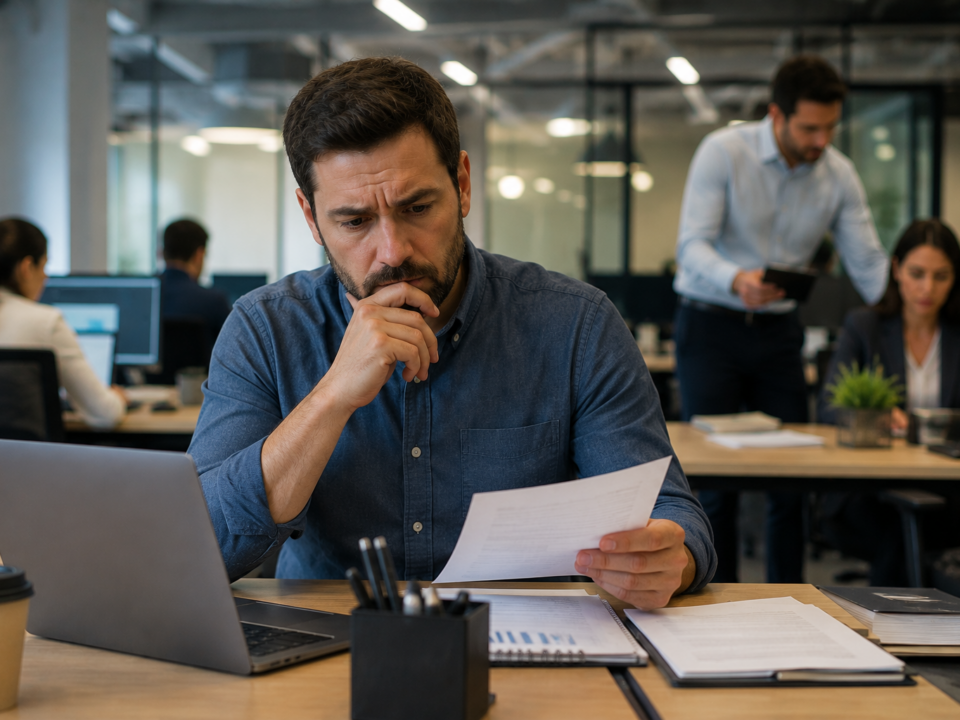 Profissional trabalhando em um escritório corporativo enquanto analisa documentos e observa a rotina da empresa ao seu redor. Sua expressão demonstra dúvida e reflexão sobre sua condição profissional, representando situações em que trabalhadores contratados como pessoa jurídica exercem atividades semelhantes às de empregados formais.