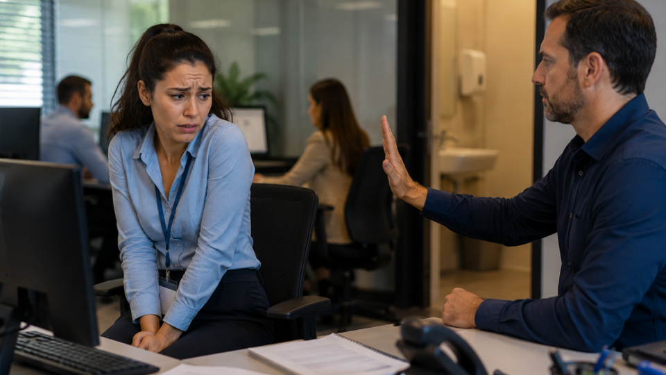 Trabalhadora sentada em seu posto de trabalho com expressão de desconforto e preocupação enquanto conversa com um supervisor em ambiente corporativo. Ao fundo, outros funcionários seguem suas atividades normalmente, representando uma situação de controle excessivo e constrangimento relacionado às necessidades básicas do trabalhador.
