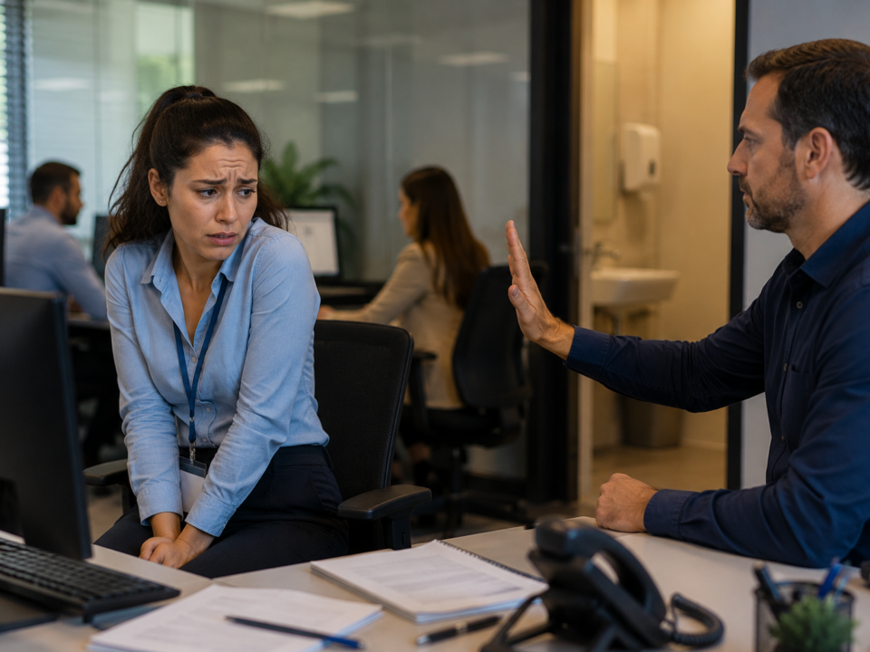 Trabalhadora sentada em seu posto de trabalho com expressão de desconforto e preocupação enquanto conversa com um supervisor em ambiente corporativo. Ao fundo, outros funcionários seguem suas atividades normalmente, representando uma situação de controle excessivo e constrangimento relacionado às necessidades básicas do trabalhador.