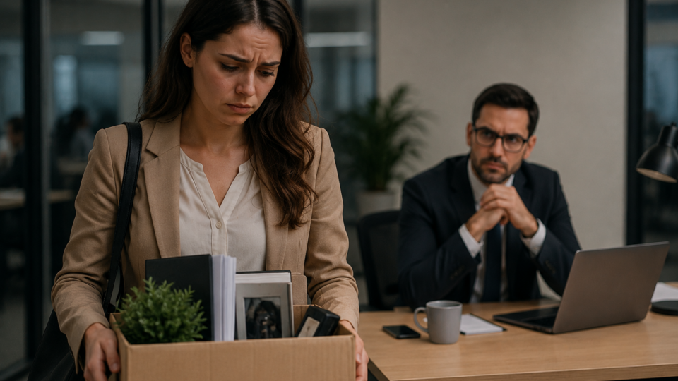 Mulher sentada sozinha em um ambiente doméstico, com expressão de tristeza e esgotamento emocional, refletindo sobre uma decisão tomada após enfrentar pressão e desgaste no ambiente de trabalho. A cena transmite sensação de alívio misturada com dúvida e insegurança sobre o futuro profissional.