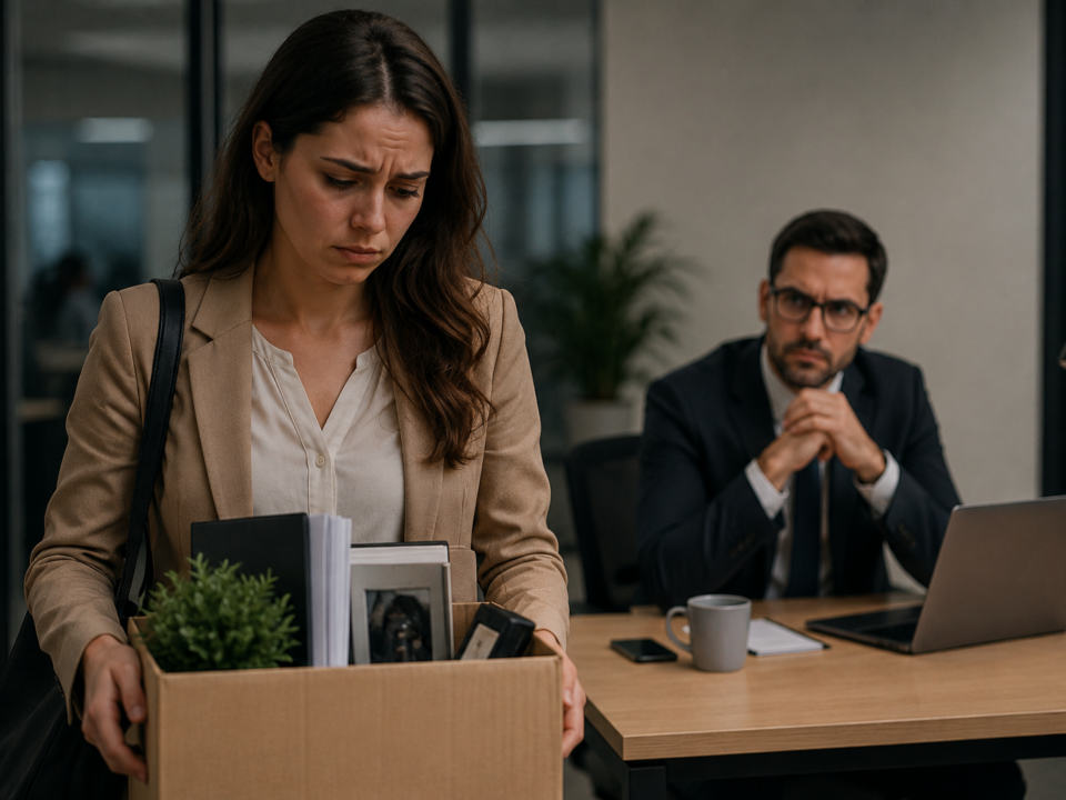 Mulher sentada sozinha em um ambiente doméstico, com expressão de tristeza e esgotamento emocional, refletindo sobre uma decisão tomada após enfrentar pressão e desgaste no ambiente de trabalho. A cena transmite sensação de alívio misturada com dúvida e insegurança sobre o futuro profissional.
