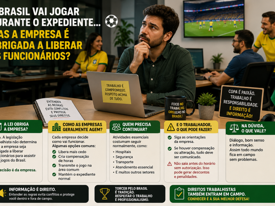 Ambiente corporativo durante o período da Copa do Mundo, com funcionários acompanhando um jogo da Seleção Brasileira enquanto trabalham. Em destaque, um trabalhador aparece pensativo diante do computador, refletindo sobre a possibilidade de ser liberado do expediente. A cena representa a dúvida comum sobre os direitos dos empregados durante os jogos do Brasil.