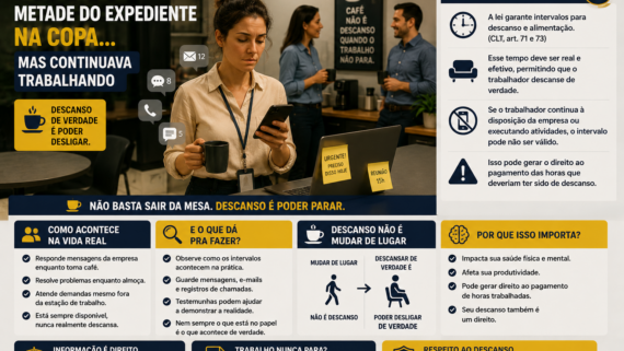 Funcionária em um ambiente corporativo na copa da empresa, segurando uma xícara de café enquanto utiliza o celular para responder mensagens de trabalho. Ao fundo, colegas circulam pelo espaço e o ambiente transmite a sensação de que, mesmo durante uma pausa, as atividades profissionais continuam acontecendo.