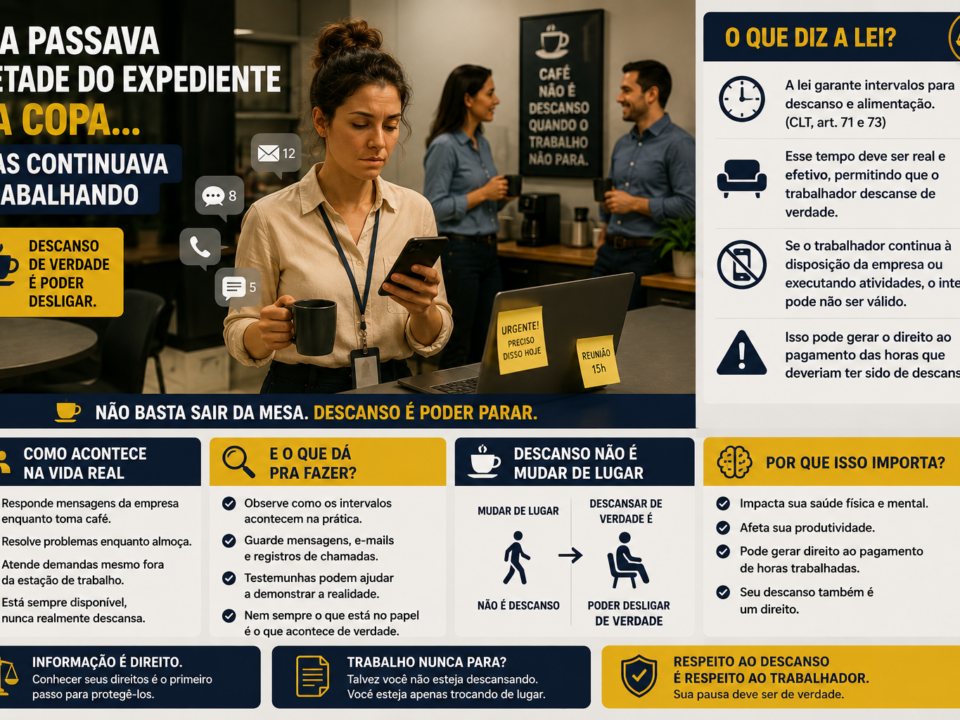 Funcionária em um ambiente corporativo na copa da empresa, segurando uma xícara de café enquanto utiliza o celular para responder mensagens de trabalho. Ao fundo, colegas circulam pelo espaço e o ambiente transmite a sensação de que, mesmo durante uma pausa, as atividades profissionais continuam acontecendo.