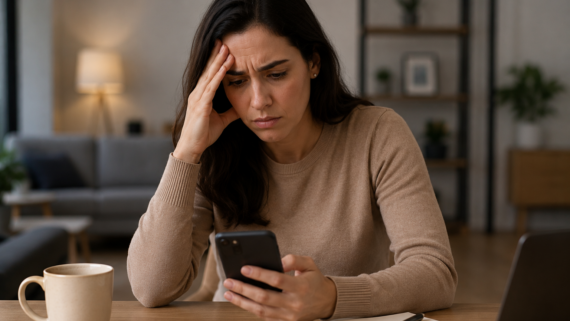 Mulher sentada à mesa de casa observa o celular com expressão preocupada, refletindo sobre uma decisão importante tomada por mensagem.