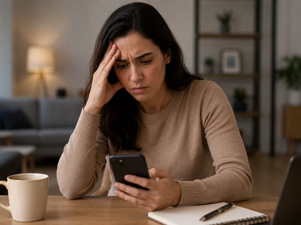 Mulher sentada à mesa de casa observa o celular com expressão preocupada, refletindo sobre uma decisão importante tomada por mensagem.