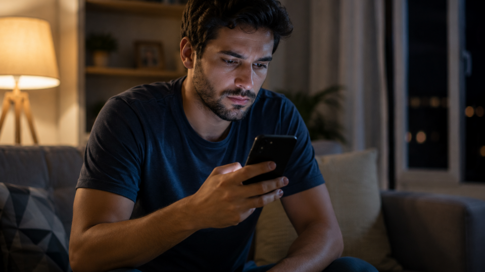 Homem sentado no sofá de casa durante a noite observa atentamente o celular, com expressão séria e preocupada, enquanto recebe mensagens relacionadas ao trabalho fora do expediente.