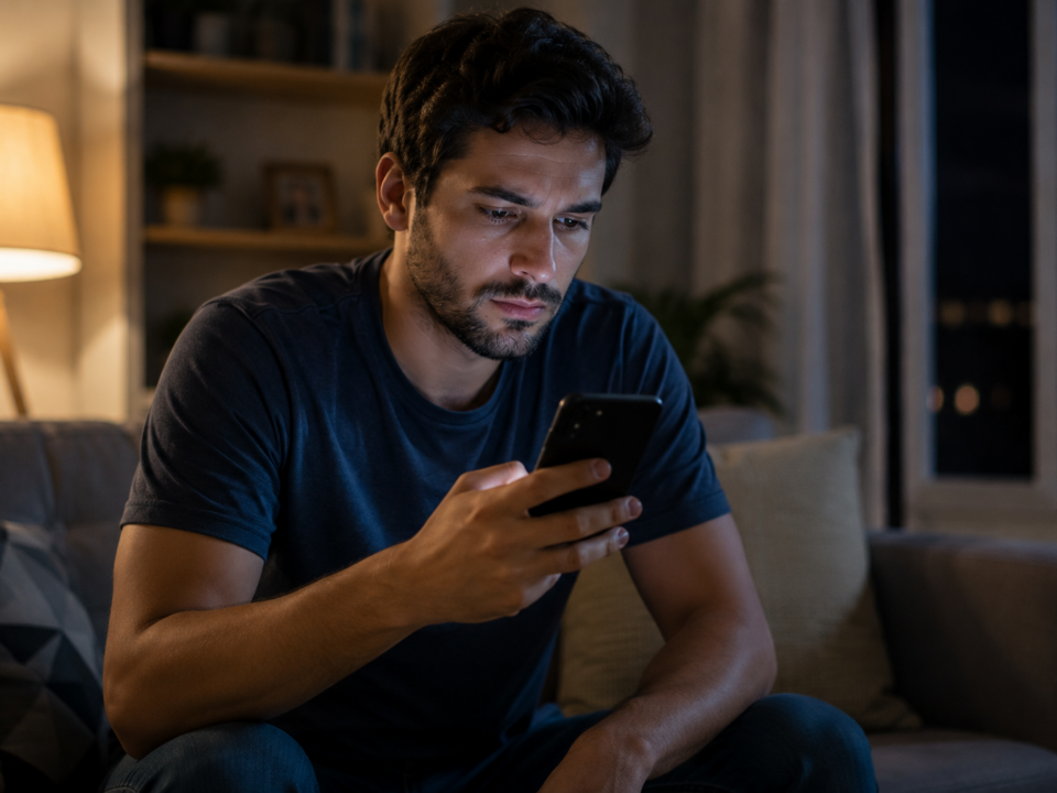 Homem sentado no sofá de casa durante a noite observa atentamente o celular, com expressão séria e preocupada, enquanto recebe mensagens relacionadas ao trabalho fora do expediente.