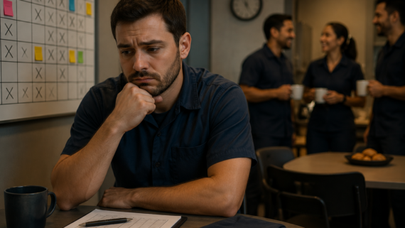 Homem trabalhador sentado sozinho em uma sala de descanso da empresa, com expressão preocupada e reflexiva, observando uma escala de trabalho afixada na parede. Ao fundo, colegas conversam descontraidamente, enquanto ele aparenta sentir-se isolado diante da rotina de trabalho em feriados e da distribuição das folgas.