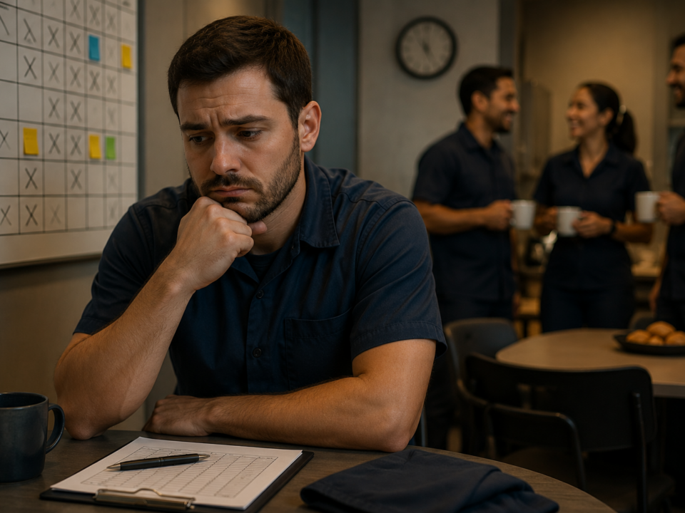 Homem trabalhador sentado sozinho em uma sala de descanso da empresa, com expressão preocupada e reflexiva, observando uma escala de trabalho afixada na parede. Ao fundo, colegas conversam descontraidamente, enquanto ele aparenta sentir-se isolado diante da rotina de trabalho em feriados e da distribuição das folgas.