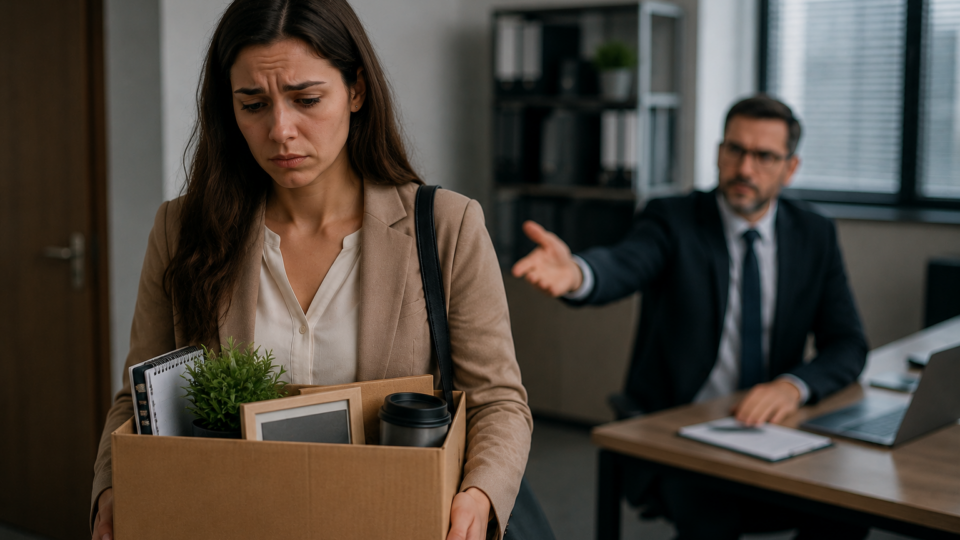 Mulher deixando um escritório carregando uma caixa com objetos pessoais, com expressão de tristeza e preocupação. Ao fundo, um homem sentado em uma mesa de trabalho aparece desfocado, reforçando a sensação de desligamento e insegurança após a perda do emprego.