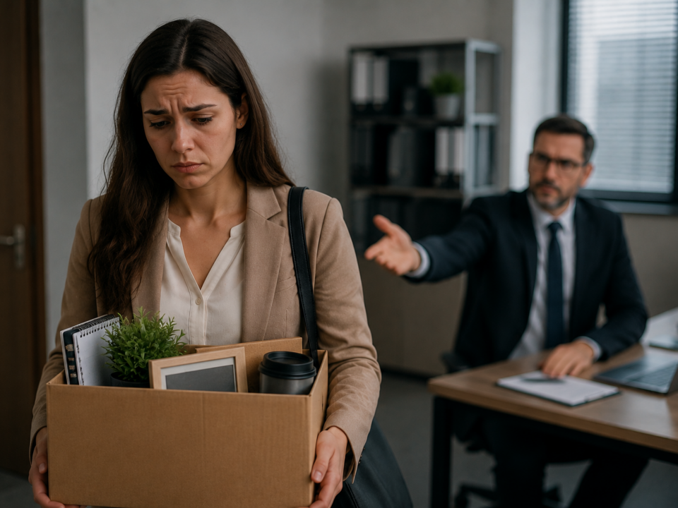 Mulher deixando um escritório carregando uma caixa com objetos pessoais, com expressão de tristeza e preocupação. Ao fundo, um homem sentado em uma mesa de trabalho aparece desfocado, reforçando a sensação de desligamento e insegurança após a perda do emprego.