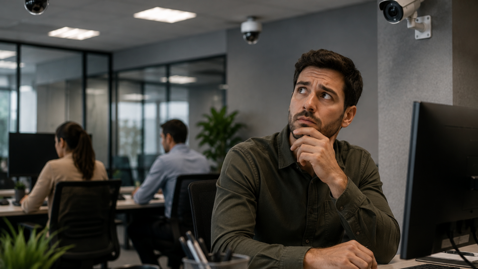 Trabalhador sentado em uma estação de trabalho em escritório moderno observa câmeras de monitoramento instaladas no ambiente. Sua expressão demonstra dúvida e preocupação, enquanto outros funcionários realizam suas atividades normalmente ao fundo, destacando o tema da vigilância e da privacidade no ambiente de trabalho.