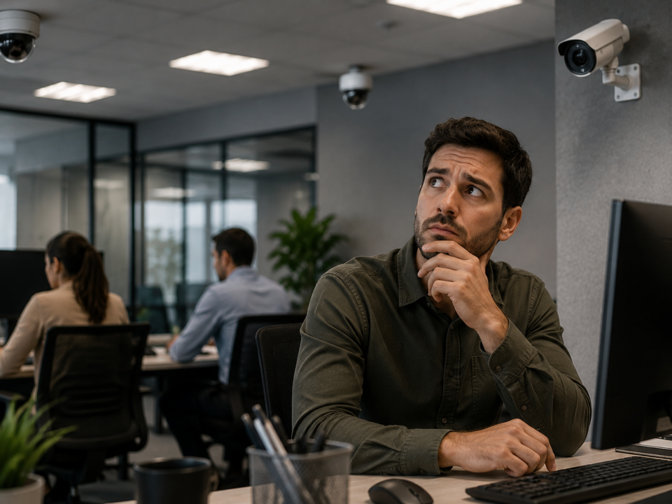 Trabalhador sentado em uma estação de trabalho em escritório moderno observa câmeras de monitoramento instaladas no ambiente. Sua expressão demonstra dúvida e preocupação, enquanto outros funcionários realizam suas atividades normalmente ao fundo, destacando o tema da vigilância e da privacidade no ambiente de trabalho.