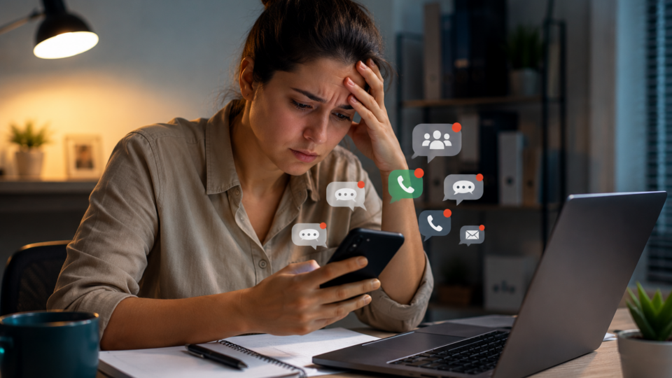 Mulher sentada em uma mesa de trabalho observa o celular com expressão de preocupação enquanto recebe diversas notificações relacionadas ao trabalho, mesmo fora do ambiente corporativo.